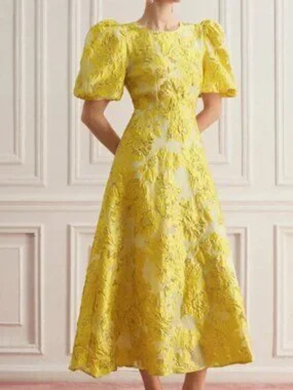 Yellow Elegant Women's French 3d Decor V-Neck Petal Sleeve Cinched Waist Dress